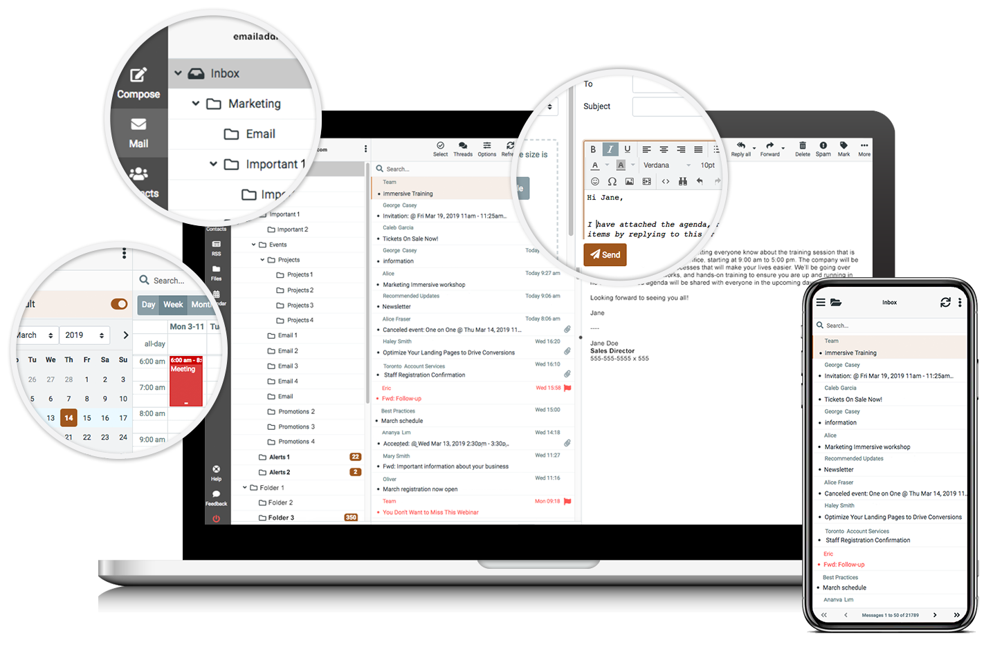 Webmail completo: vista en laptop y celular con calendario y compositor de correos destacados